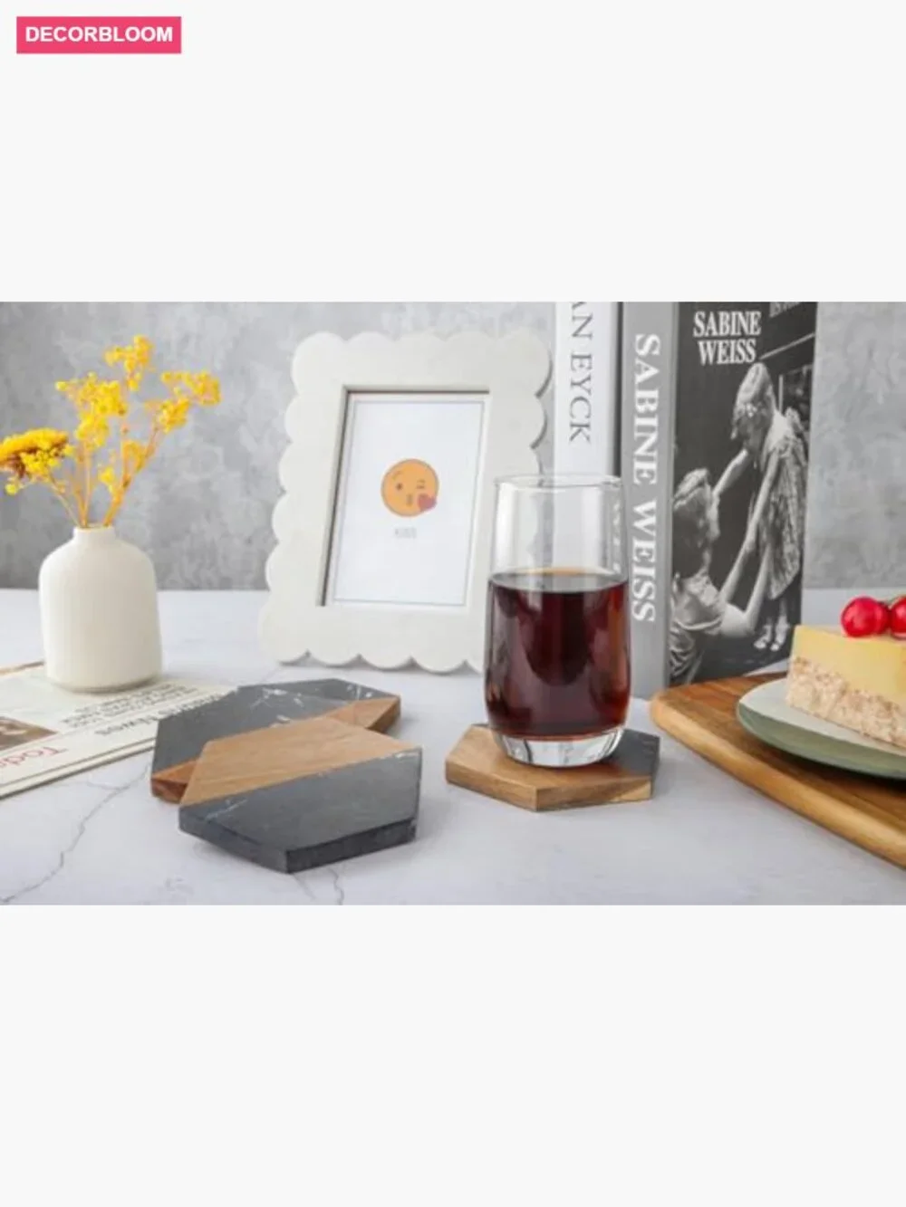 Set of 4 Hexagon Acacia Wood and Marble Coasters for Drinks, Modern Rustic Bar